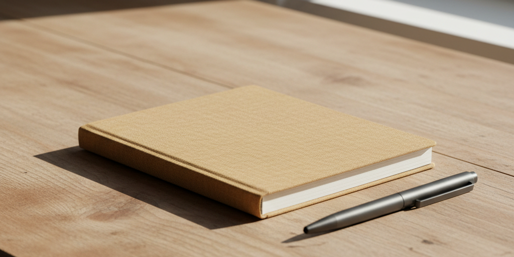 Quiet work discipline still-life featuring a closed notebook and pen in soft morning light