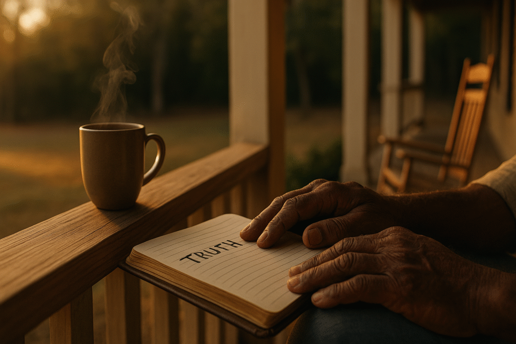 Side-angle view of a Southern porch at sunrise, with a steaming mug, weathered hands, and an open notebook showing the word “Truth.”