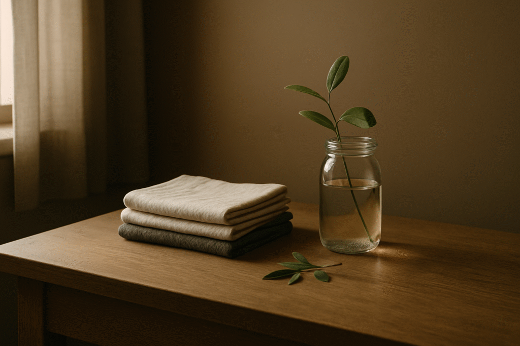 Minimalist household scene with folded cloths and a glass jar holding a green sprig on a wooden table in warm morning light, reflecting the ecology of discipline.
