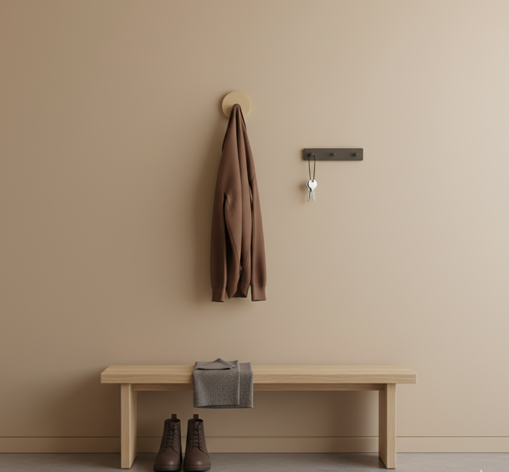 Minimalist entryway illustration representing masculinity as structure through a tidy jacket peg, keys, bench, and boots.