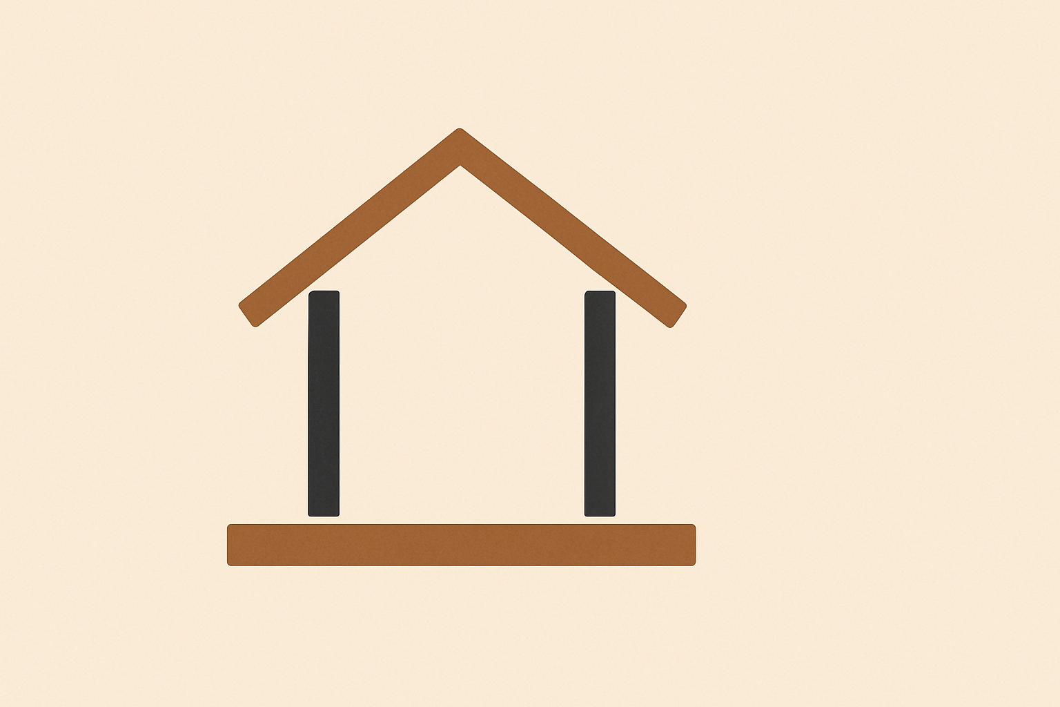 Minimalist geometric banner showing an abstract house structure made from simple beams in charcoal and clay-brown on a warm sand background, symbolizing stable and predictable family systems.