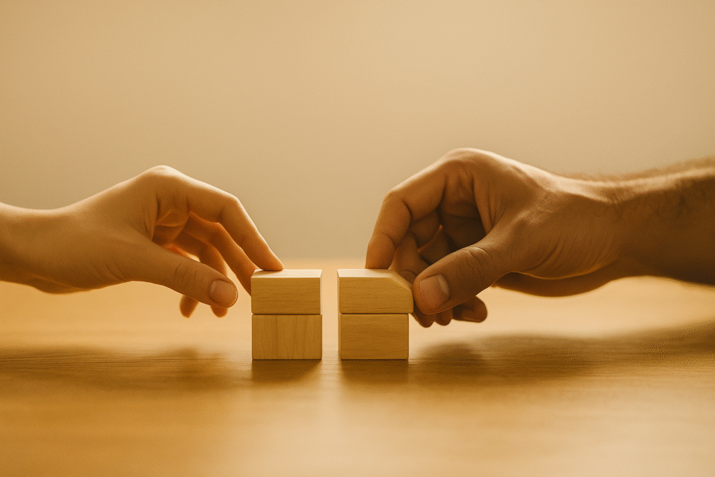 Two pairs of hands carefully placing wooden blocks together in warm sunlight, symbolizing partnership, teamwork, and shared growth.