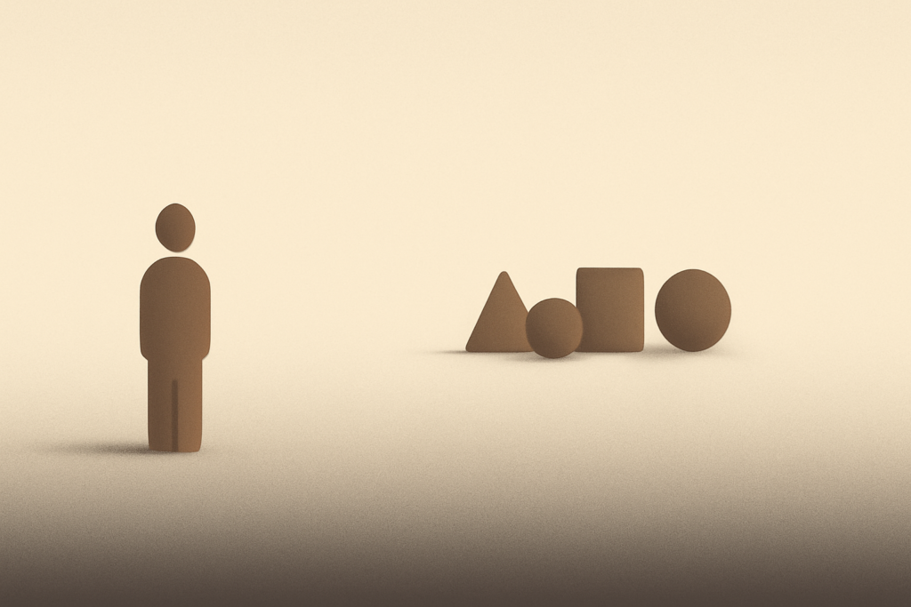 Minimalist illustration of a single clay-brown figure standing apart from a distant group of shapes on warm sand, symbolizing the strength of not belonging.