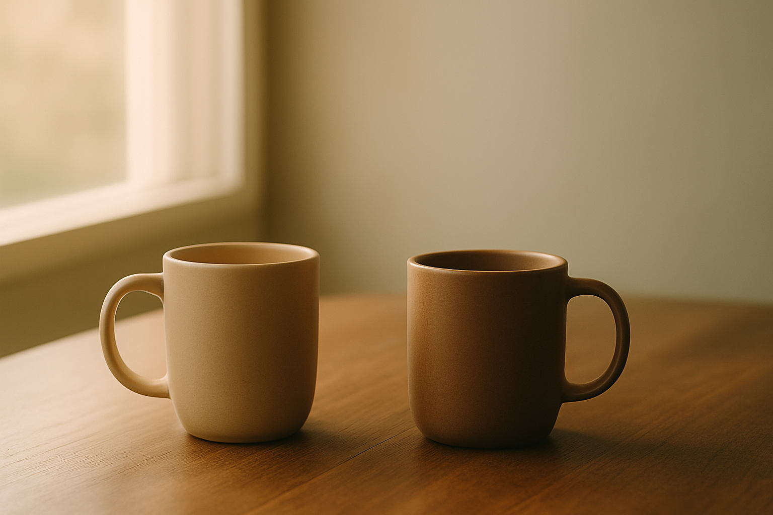 two coffee mugs on a wooden table symbolizing old friends and belonging