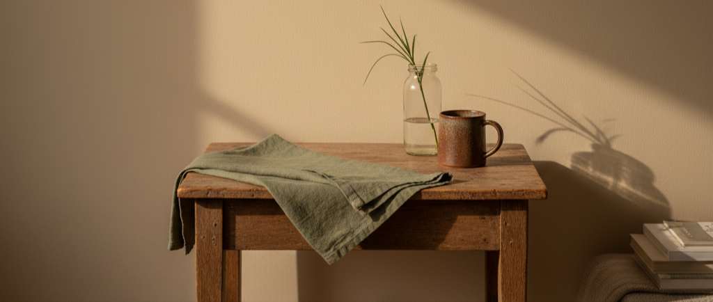 Quiet corner of a lived-in home with a small wooden table, folded cloth, mug, and greenery in soft morning light, reflecting calm domestic rhythm.