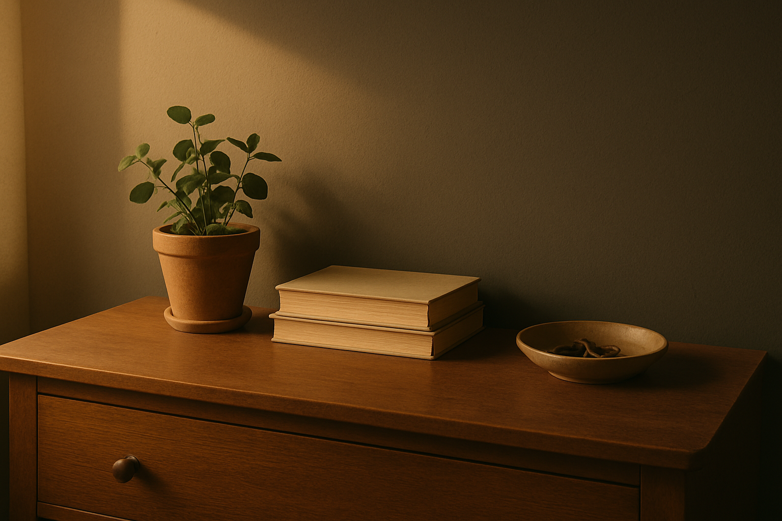 Minimalist interior corner with a wooden dresser, plant, books, and a ceramic dish holding small items in warm morning light, reflecting domestic discipline.