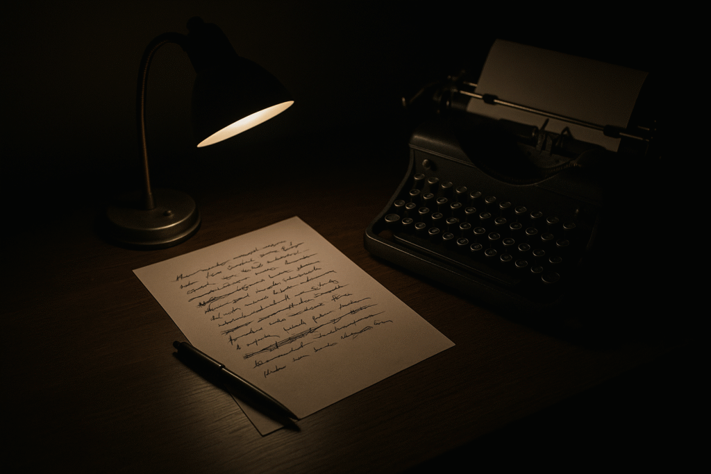 A dimly lit desk with a typewriter and crossed-out paper, symbolizing the imperfect process of authentic writing in progress.