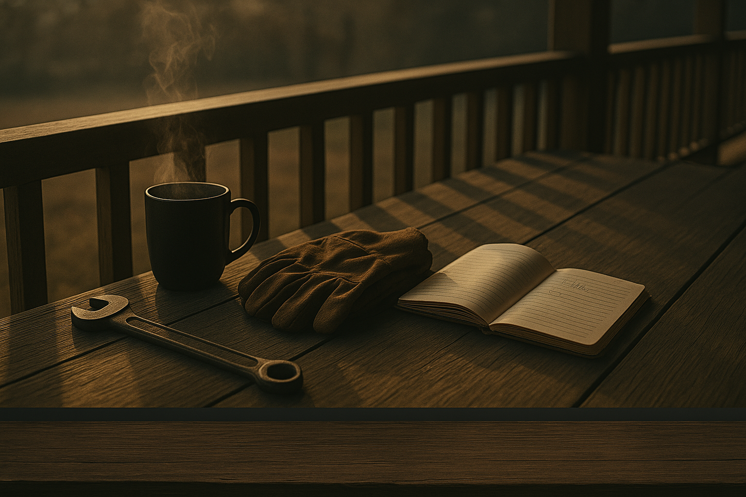 The Maintenance Man’s Gospel — Front Porch Audit Feature Banner Golden sunrise light on a porch symbolizing work ethic and consistency through steady craftsmanship.