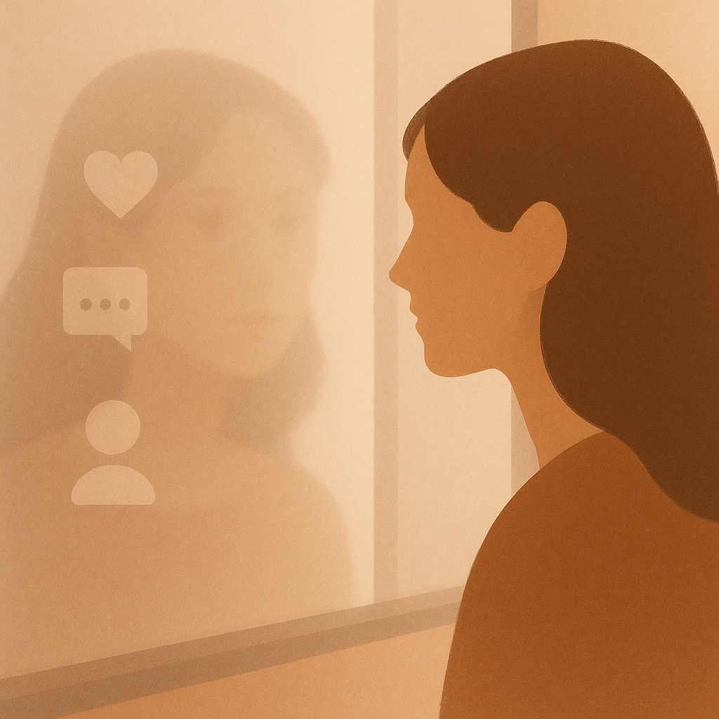 Alt Text: Abstract reflection of a woman symbolizing performative feminism, identity, and social media performance.