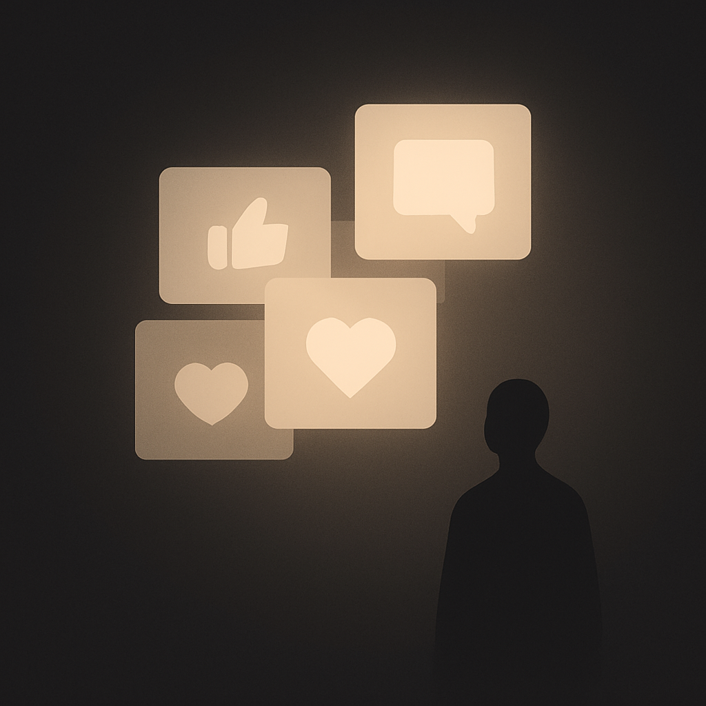 Outrage feedback loop illustration showing glowing notifications surrounding a distant silhouette.