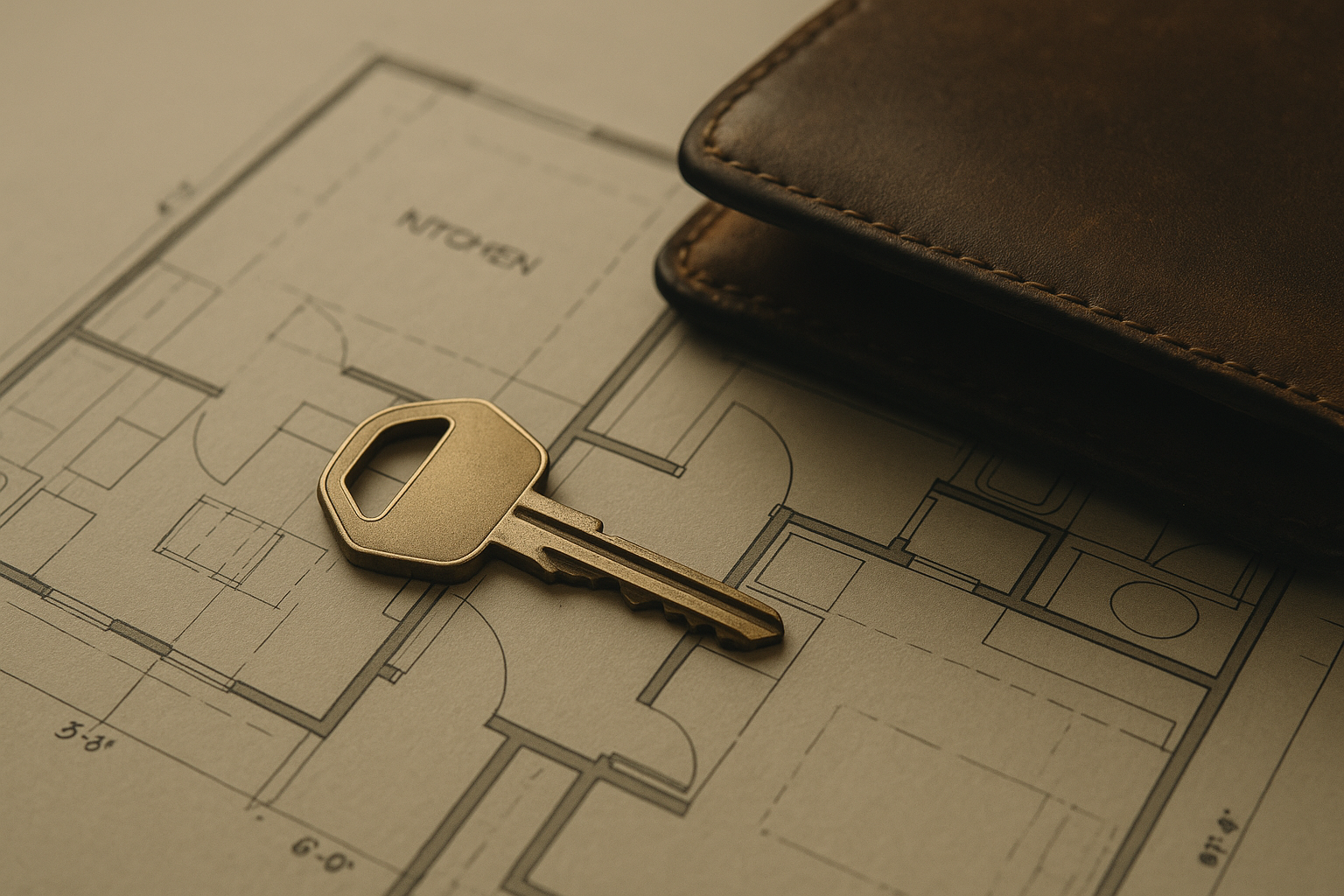 Financial ownership and accountability represented by a key on a blueprint beside a leather wallet.