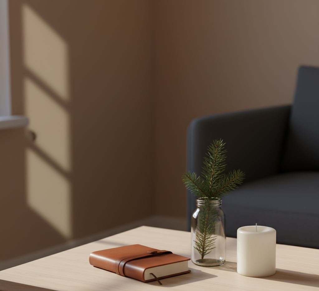 Minimalist winter scene with a closed journal, an evergreen branch in a jar, and soft morning light, symbolizing the peace you find when you stop forcing what is not yours.