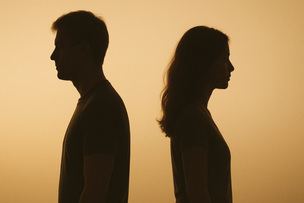 Two silhouettes back-to-back in soft golden light, symbolizing reflection and emotional distance with mutual respect.