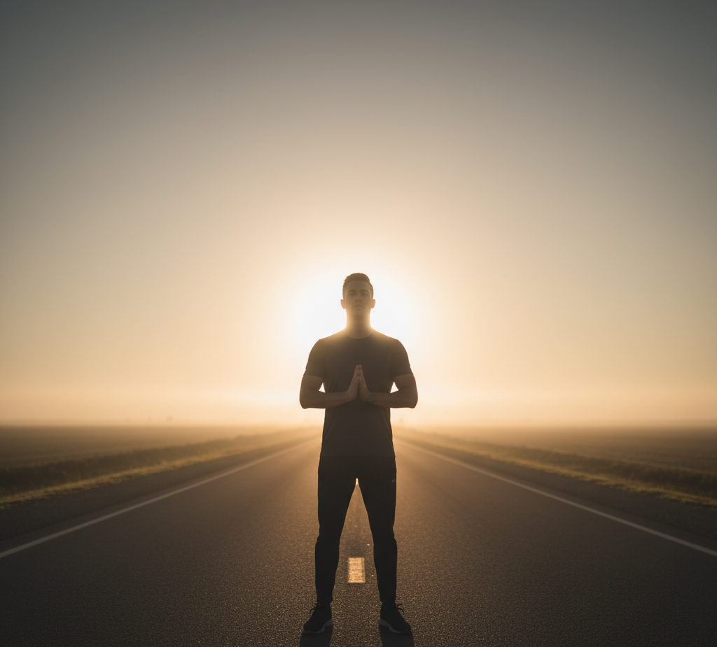 Person standing in morning light on an empty road, symbolizing calm reflection and the power of self-control.