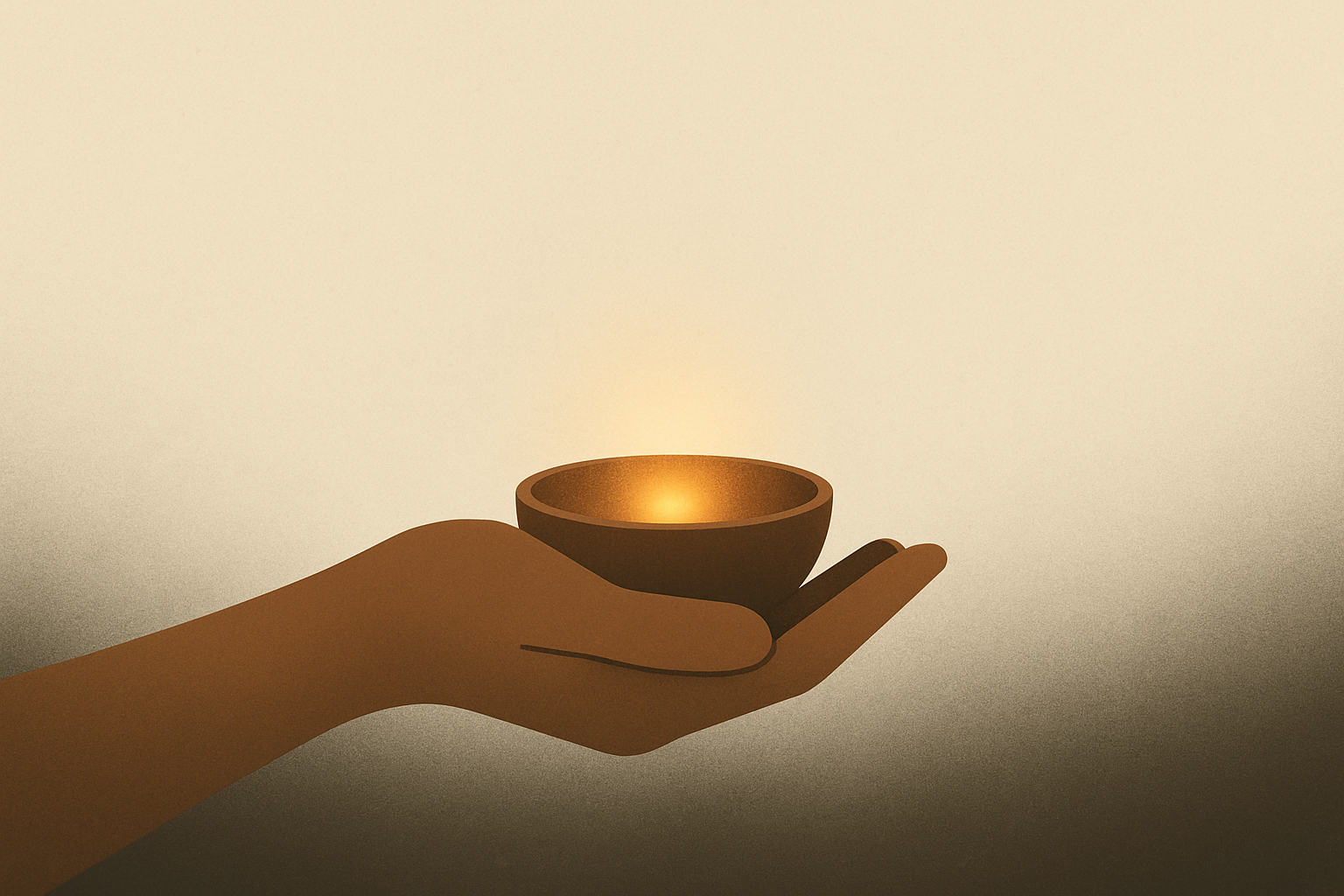 Minimalist illustration representing the practice of gratitude with a clay-brown hand holding a bowl and ember.