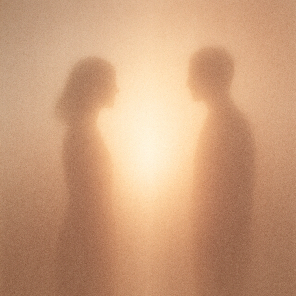Minimalist digital art showing two figures separated by fading light, symbolizing the return to real connection.