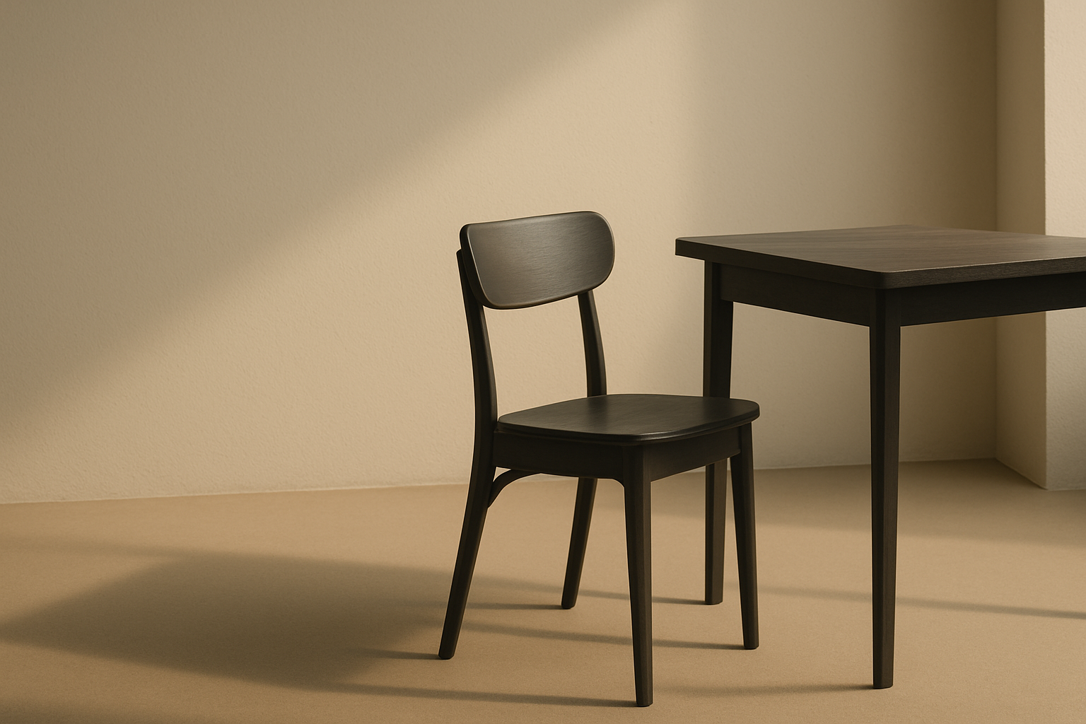 Minimalist interior with a single chair near a table under warm morning light, symbolizing reflection, emotional distance, and quiet withdrawal from modern relationships.