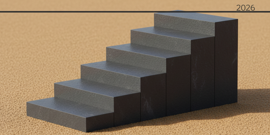 A warm-sand and charcoal illustration showing a vertical stack of geometric blocks with added vertical space, symbolizing capability, clarity, and disciplined skill progression.