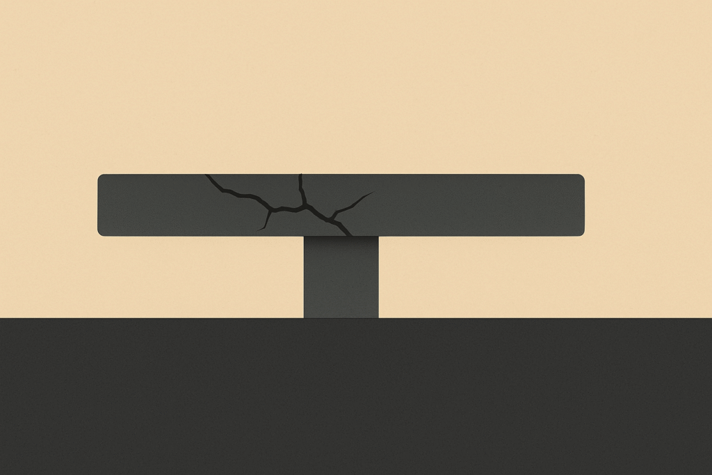 Minimalist warm-sand and soft-charcoal graphic illustrating the stability recession through a cracked beam resting on a solid foundation.