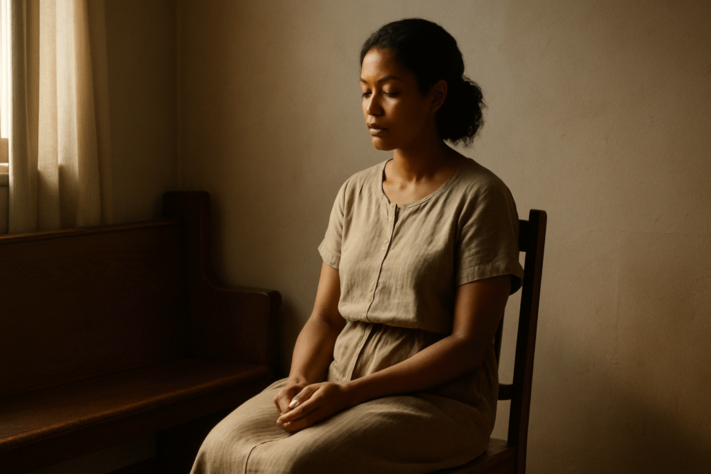 Woman resting quietly in morning light, symbolizing deep emotional exhaustion and spiritual restoration.