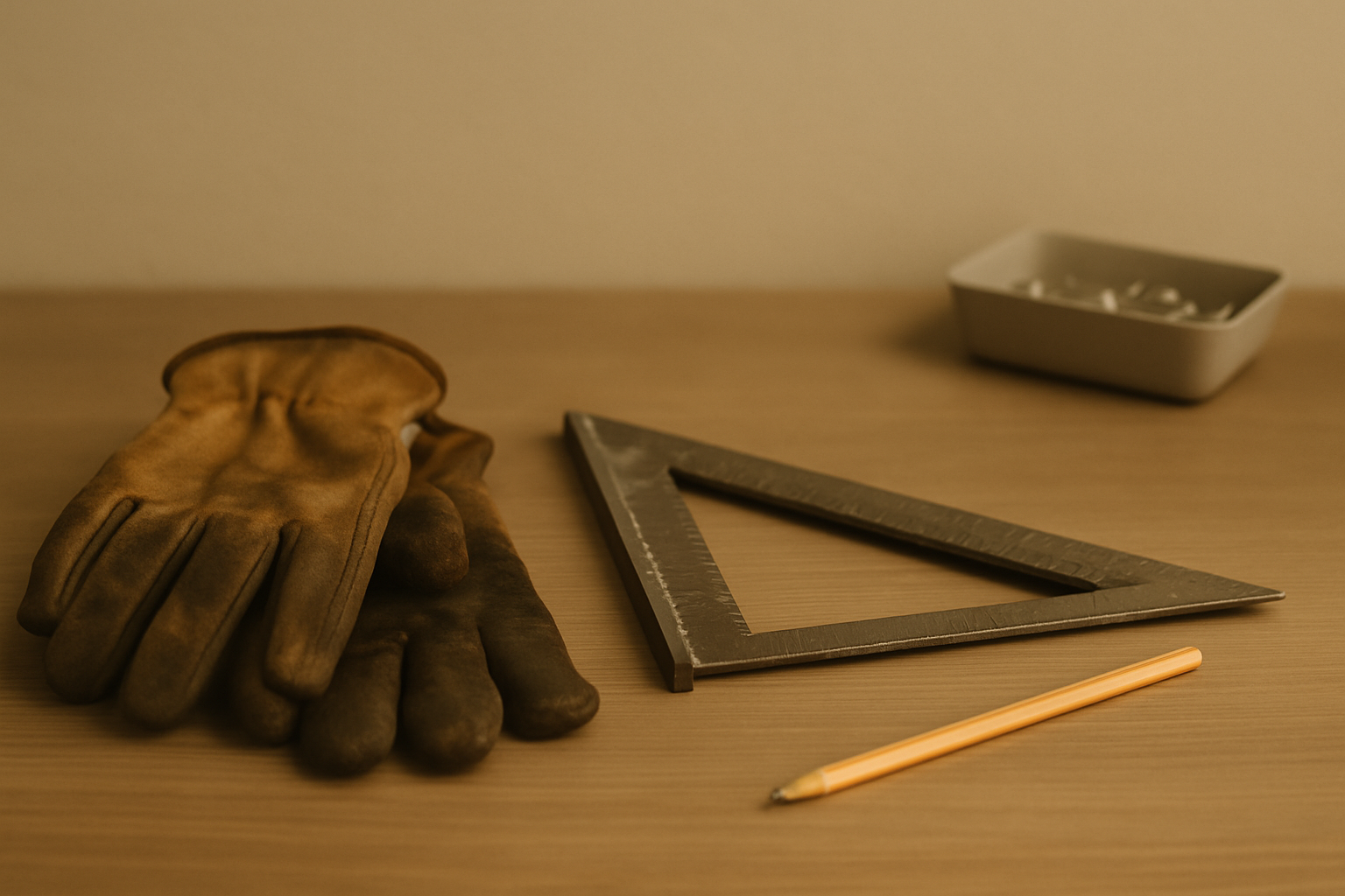 The value of hard work and discipline shown by worn work gloves beside drafting tools on a clean table.