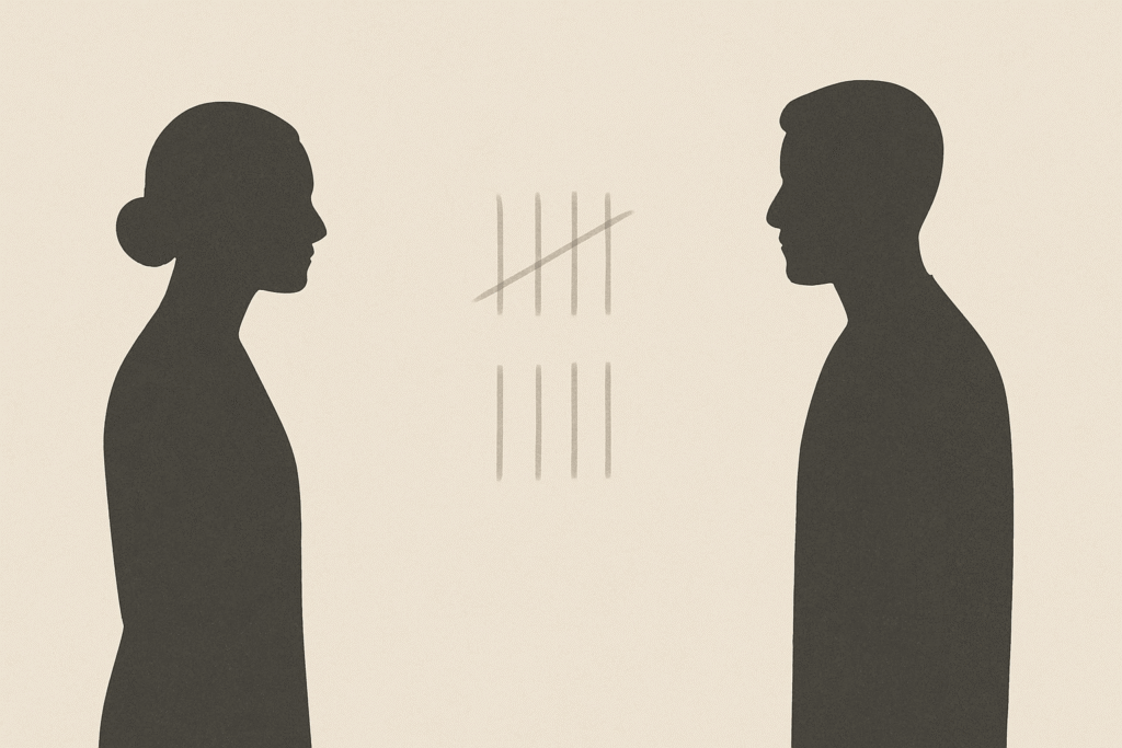 Two silhouetted figures standing apart divided by faint vertical tally marks symbolizing how relationships are reduced to numbers. Minimalist neutral illustration in sand, charcoal, and ivory.