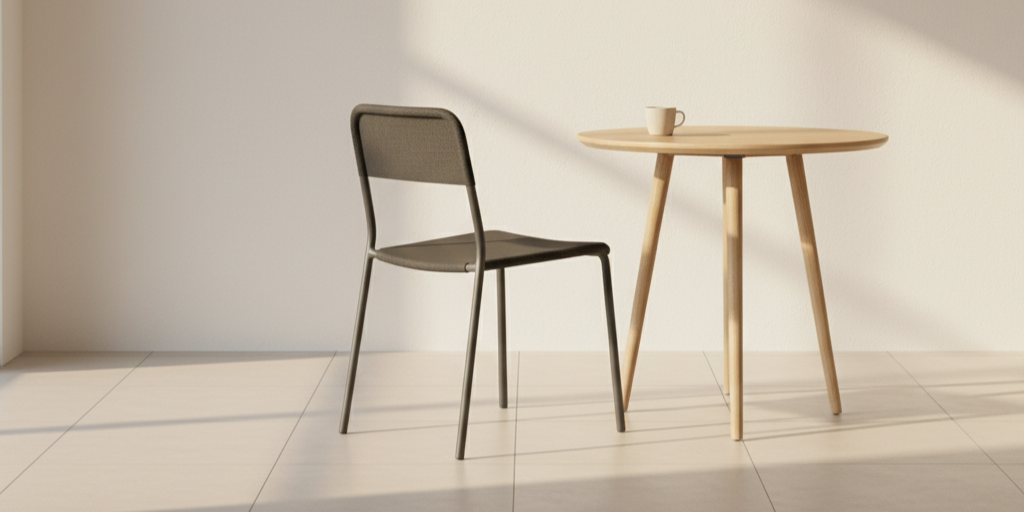 A minimalist room with a single chair slightly pulled from a small table under warm morning light, symbolizing reflection and quiet withdrawal.