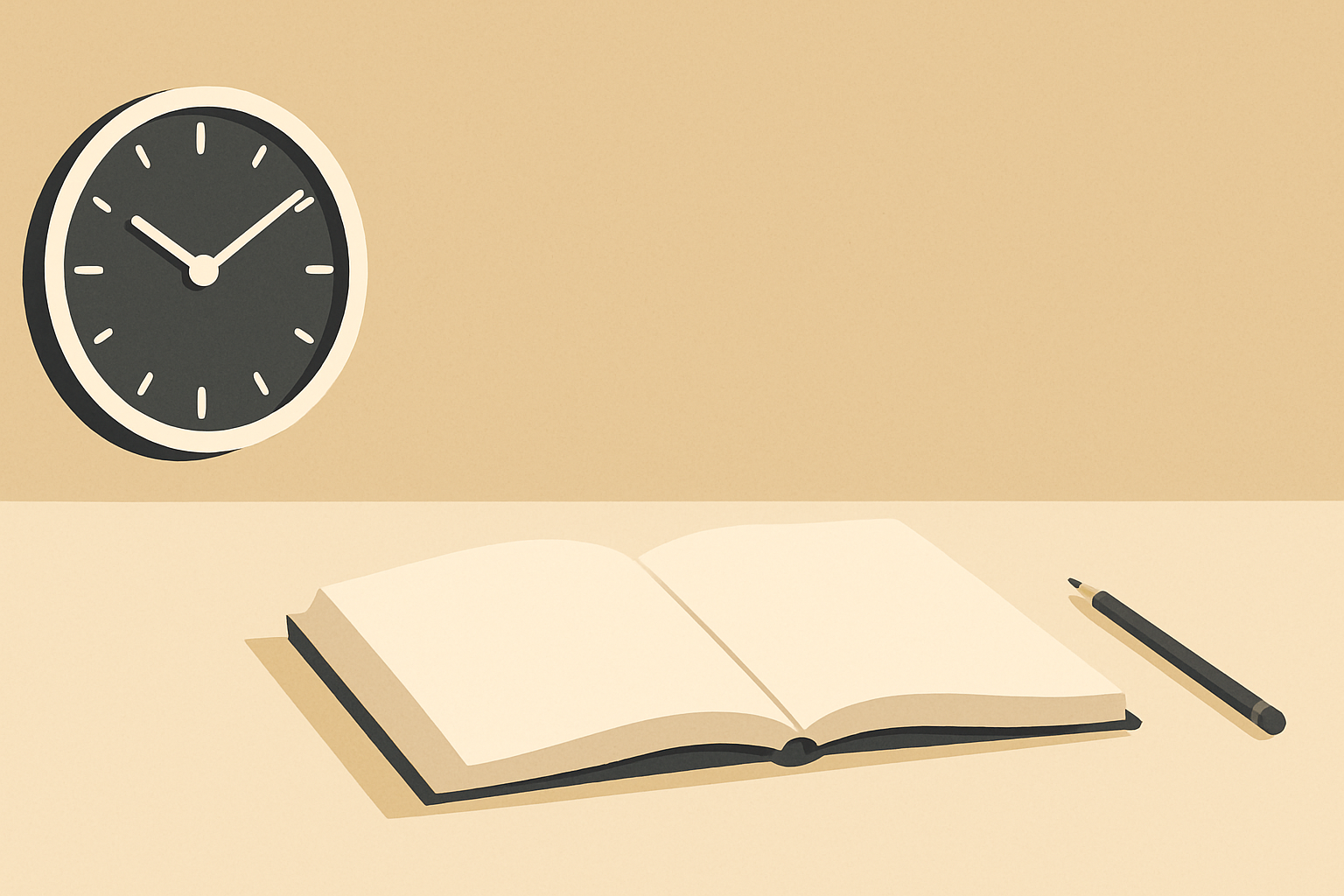 Minimalist desk with a wall clock, open notebook, and pencil symbolizing time discipline and structured focus.