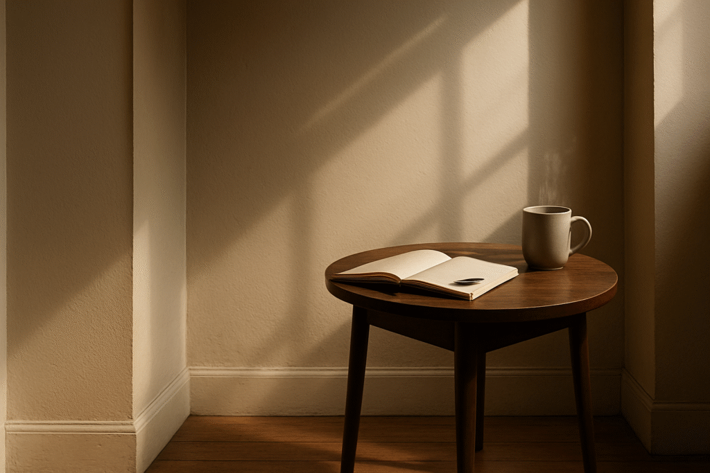 Minimalist morning scene symbolizing emotional honesty, with an open journal, pen, and steaming mug in soft natural light.