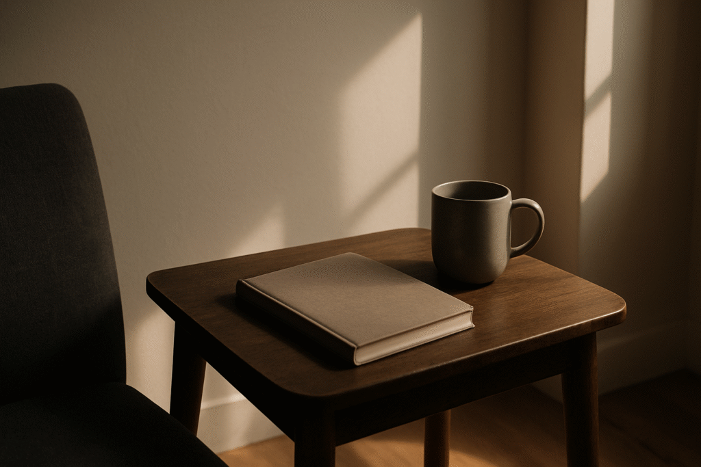 Minimalist morning corner with soft light falling across a closed journal and a warm mug, symbolizing quiet grief and gentle renewal.