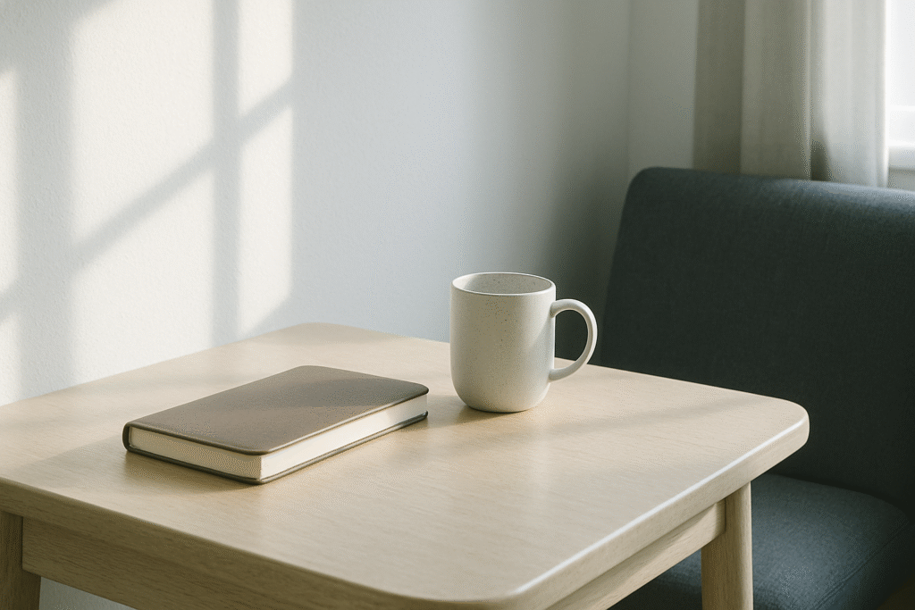 A winter morning corner with soft light illuminating a journal and a warm mug, symbolizing quiet inner brightness.