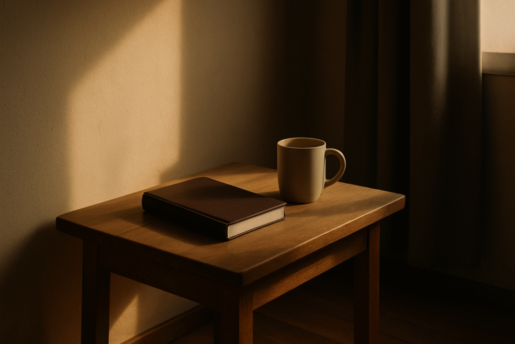 Minimalist morning corner with soft golden light on a journal and a warm mug, symbolizing gentle release and quiet restoration.