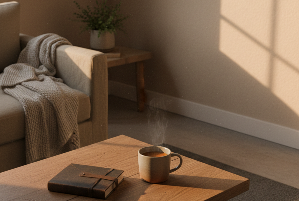 A winter morning corner with soft amber light warming a journal and a mug, symbolizing emotional warmth returning to the spirit.