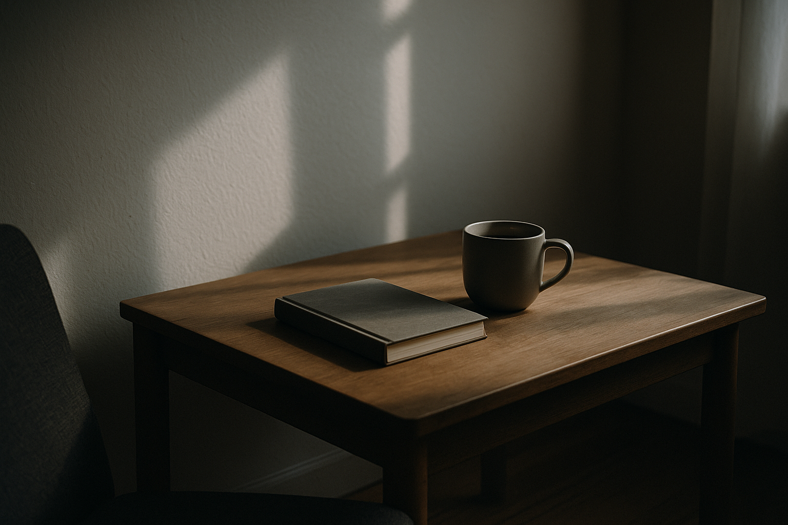 Minimalist winter morning corner with soft light on a journal and a warm mug, symbolizing a slower pace and returning peace.