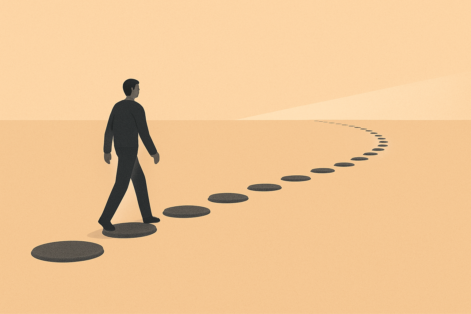 Trust the pace blueprint minimalist path of evenly spaced stones with a clay-brown figure walking calmly toward a soft horizon.