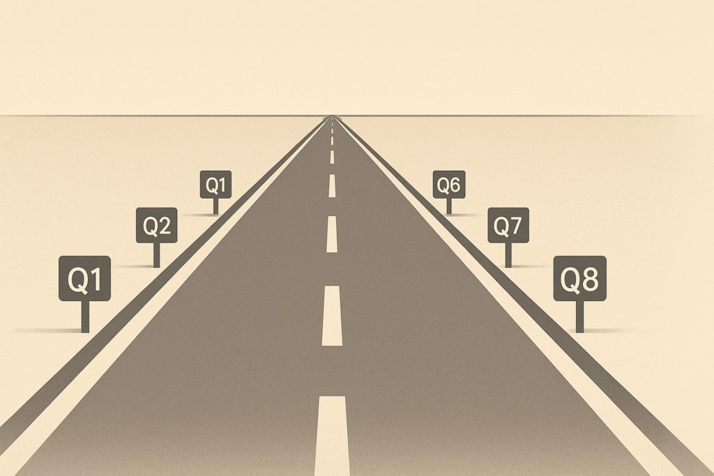 Minimalist illustration of a road marked into quarters representing a two year direction.