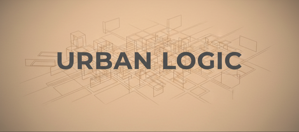 Urban Logic series banner with a minimalist city grid in warm sand and charcoal tones, representing structure in the built environment.