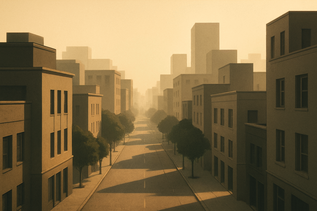 A cityscape with warm morning light over quiet buildings and streets, reflecting structure and flow in the built environment.