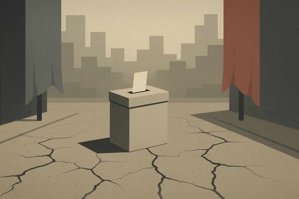 A lone ballot box on cracked pavement between faded blue and red banners, representing political disconnect.