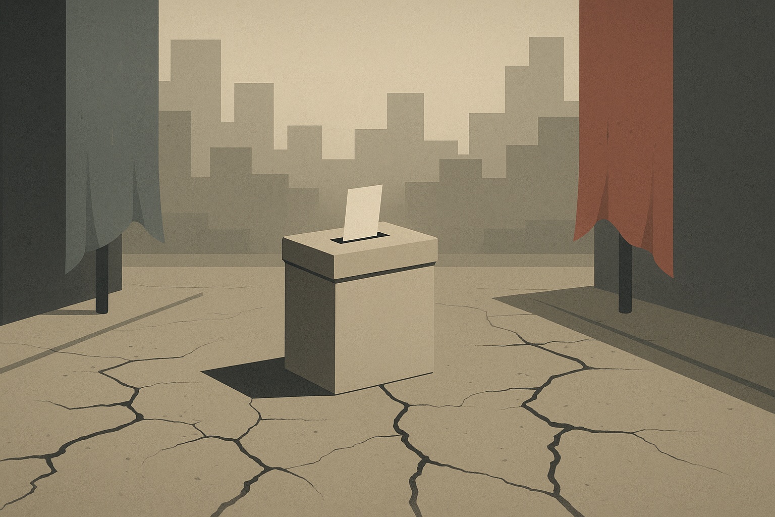 A lone ballot box on cracked pavement between faded blue and red banners, representing political disconnect.
