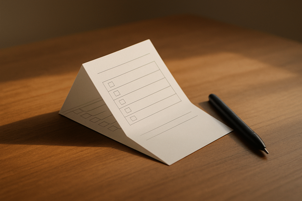 Folded ballot and pen on a table under soft light, symbolizing participation in local elections and civic responsibility.