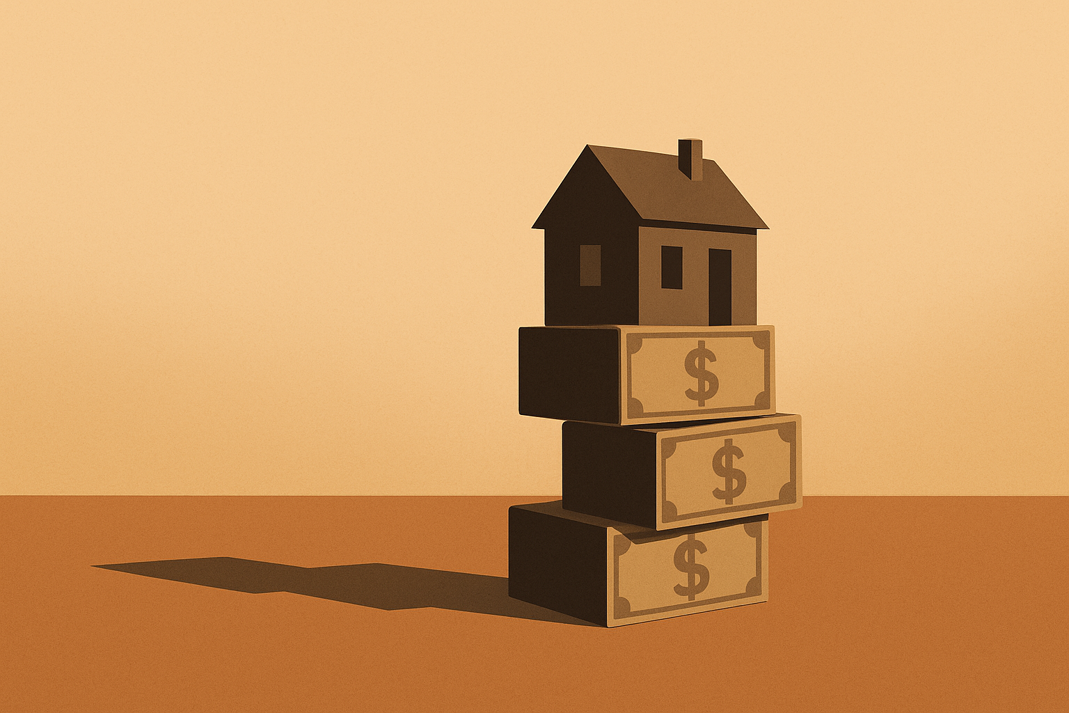 Minimalist illustration showing single homeownership risks: a small house standing on uneven stacks of money, symbolizing imbalance and rising costs.