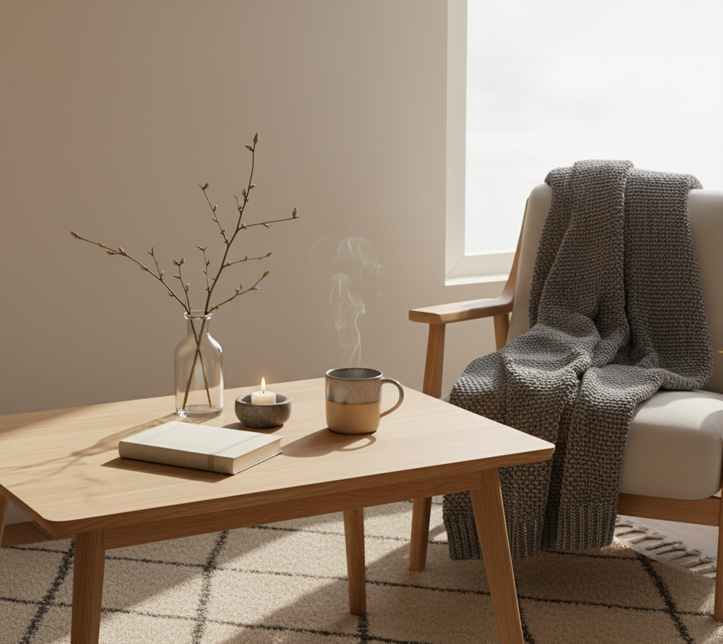 Minimalist winter corner with soft white morning light on a closed journal and a warm mug, symbolizing quiet reflection and emotional clarity.