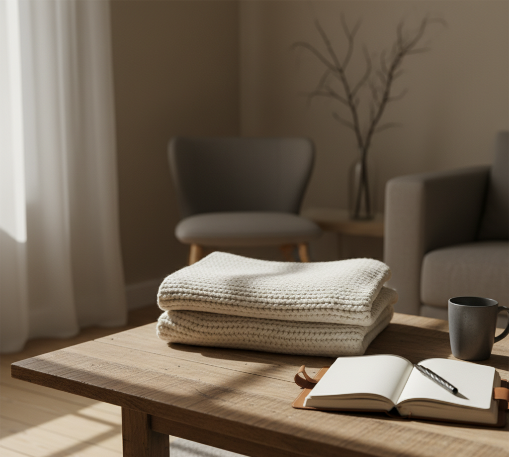 Minimalist winter corner with soft morning light on a folded blanket and journal, symbolizing emotional release and walking lighter.