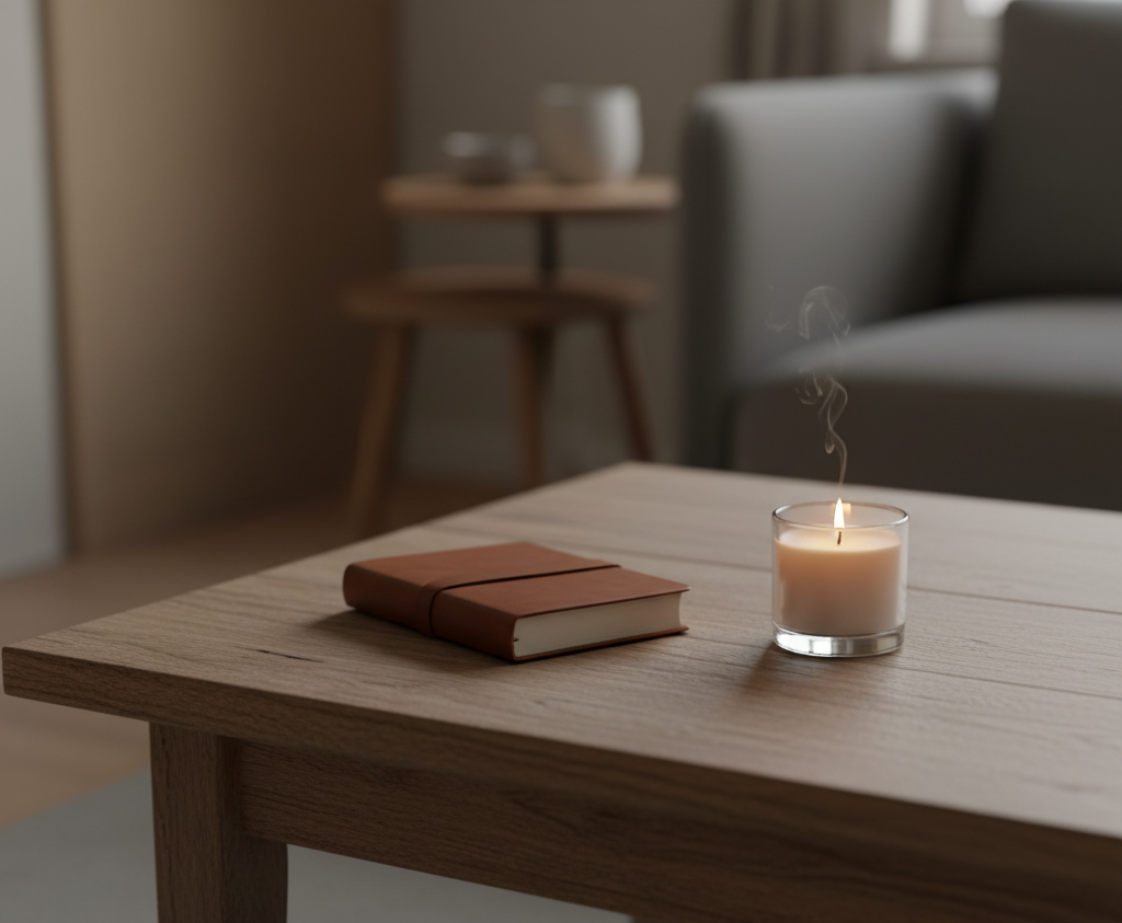 Minimalist winter scene of a journal and candle on a wooden table in soft morning light, symbolizing what you learn when you finally slow down.