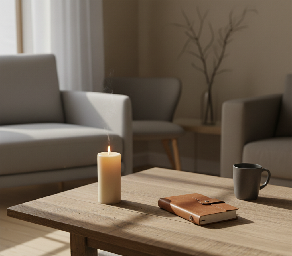 A winter scene with soft morning light on a lit candle beside a closed journal, symbolizing intuition and inner signals.