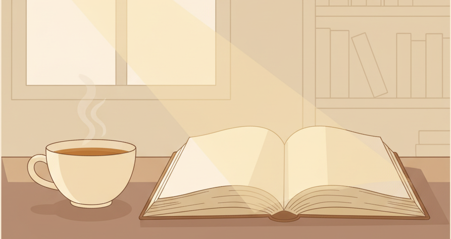 A banner showing an open book and a cup of tea on a table under soft warm light, with a faint bookshelf and window in the background. Palette of warm ivory, clay brown, and muted gold. Symbolizes reflection, insight, and quiet learning.