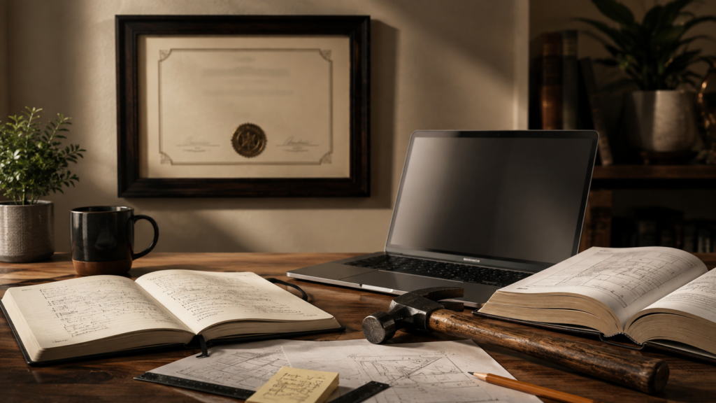 A framed diploma hangs behind a workspace with an open notebook, laptop, reference book, pencil, and hammer, symbolizing the need for lifelong learning after earning a degree.