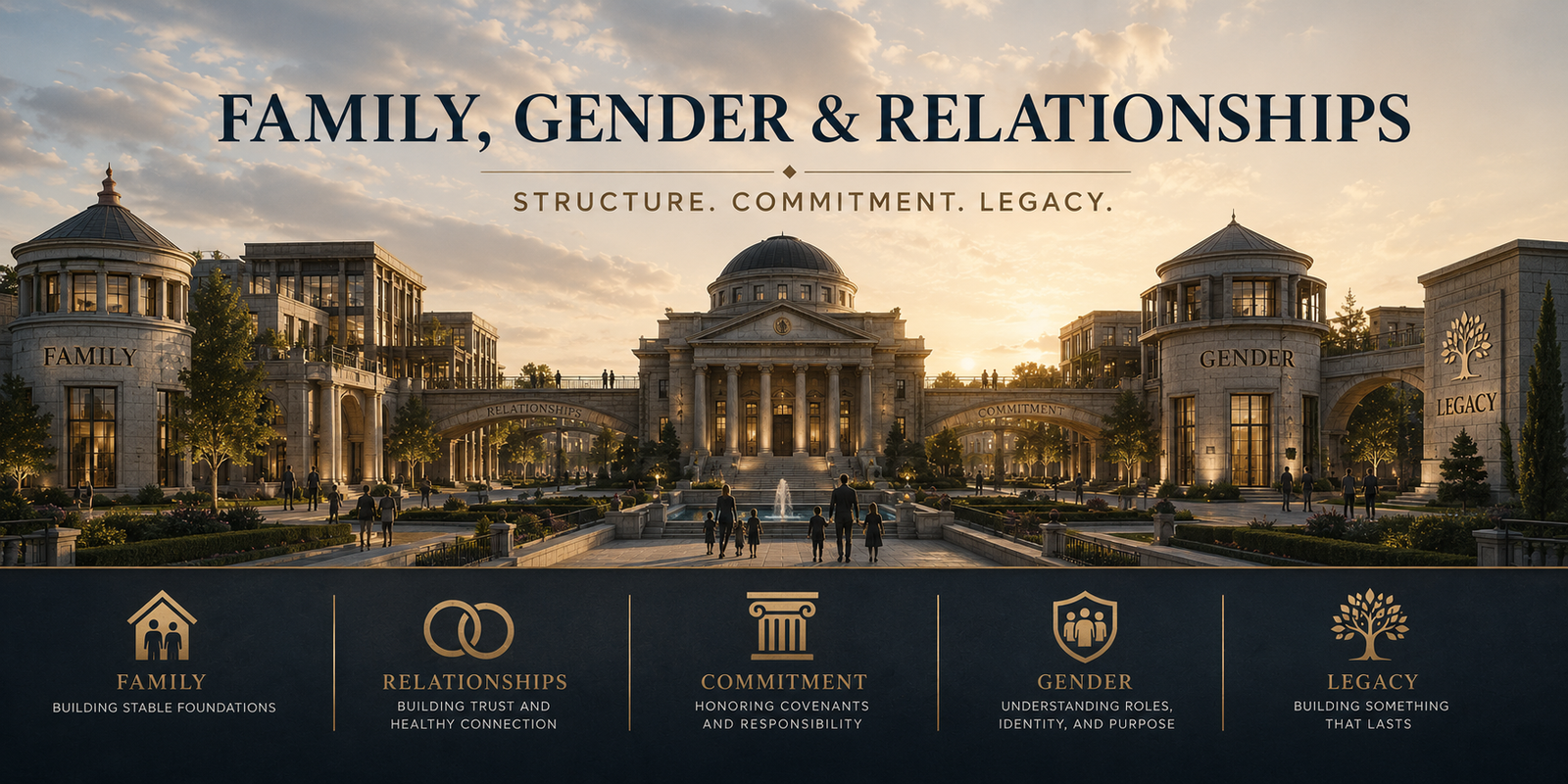 Family, Gender and Relationships category banner for Groundwork Daily, representing family structure, healthy relationships, identity, commitment, legacy, and shared responsibility.