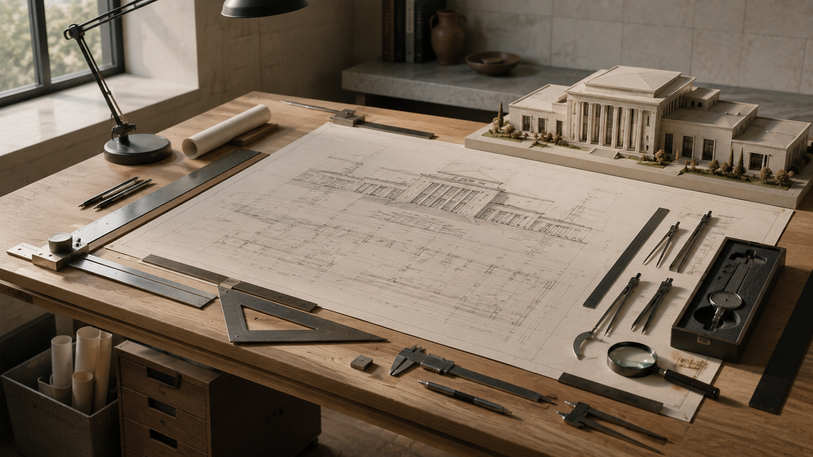 Relationship Structure Framework maintenance image showing an organized architectural blueprint table with measuring tools, symbolizing relationship maintenance, inspection, repair, and continuous refinement.